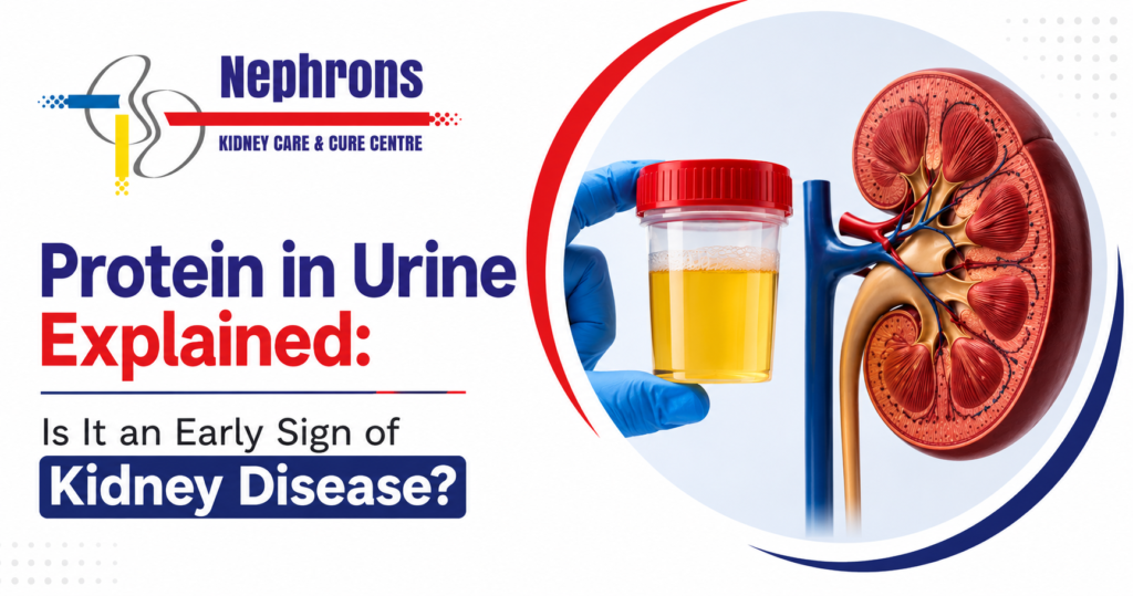 Protein in Urine Explained: Is It an Early Sign of Kidney Disease? Educational blog banner featuring the Nephrons Kidney Care & Cure Centre logo, kidney illustration, and a urine sample for kidney health awareness.
