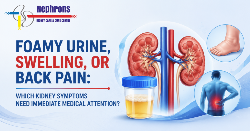 Featured blog image for kidney health showing the headline “Foamy Urine, Swelling, or Back Pain: Which Kidney Symptoms Need Immediate Medical Attention?” with kidney illustrations, a urine sample container, swollen foot graphic, back pain graphic, and Nephrons Kidney Care & Cure Centre logo.
