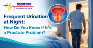 Man waking at night to urinate with a prostate illustration showing how an enlarged prostate may affect urinary flow.