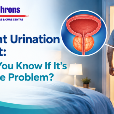 Man waking at night to urinate with a prostate illustration showing how an enlarged prostate may affect urinary flow.