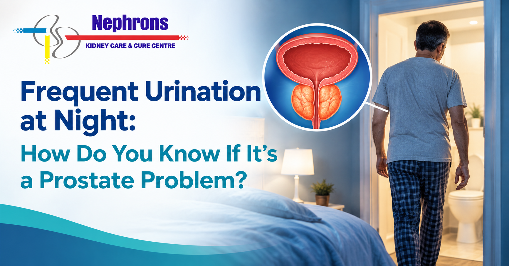 Man waking at night to urinate with a prostate illustration showing how an enlarged prostate may affect urinary flow.