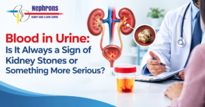 Medical awareness graphic showing blood in urine, the urinary system with a kidney stone, and a doctor consulting a patient about possible causes of hematuria.