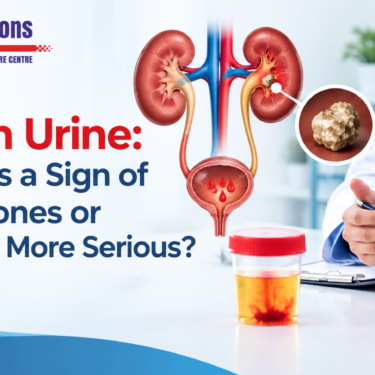 Medical awareness graphic showing blood in urine, the urinary system with a kidney stone, and a doctor consulting a patient about possible causes of hematuria.