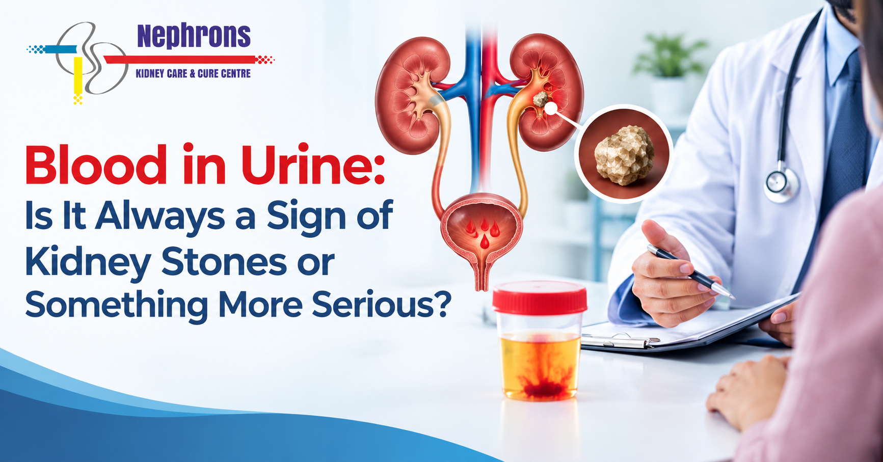 Medical awareness graphic showing blood in urine, the urinary system with a kidney stone, and a doctor consulting a patient about possible causes of hematuria.